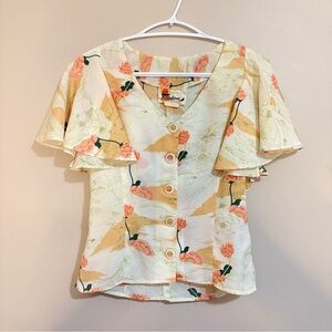 Vintage 70s Cream Button Front Blouse Orange Floral & Flutter Sleeve - Size 6